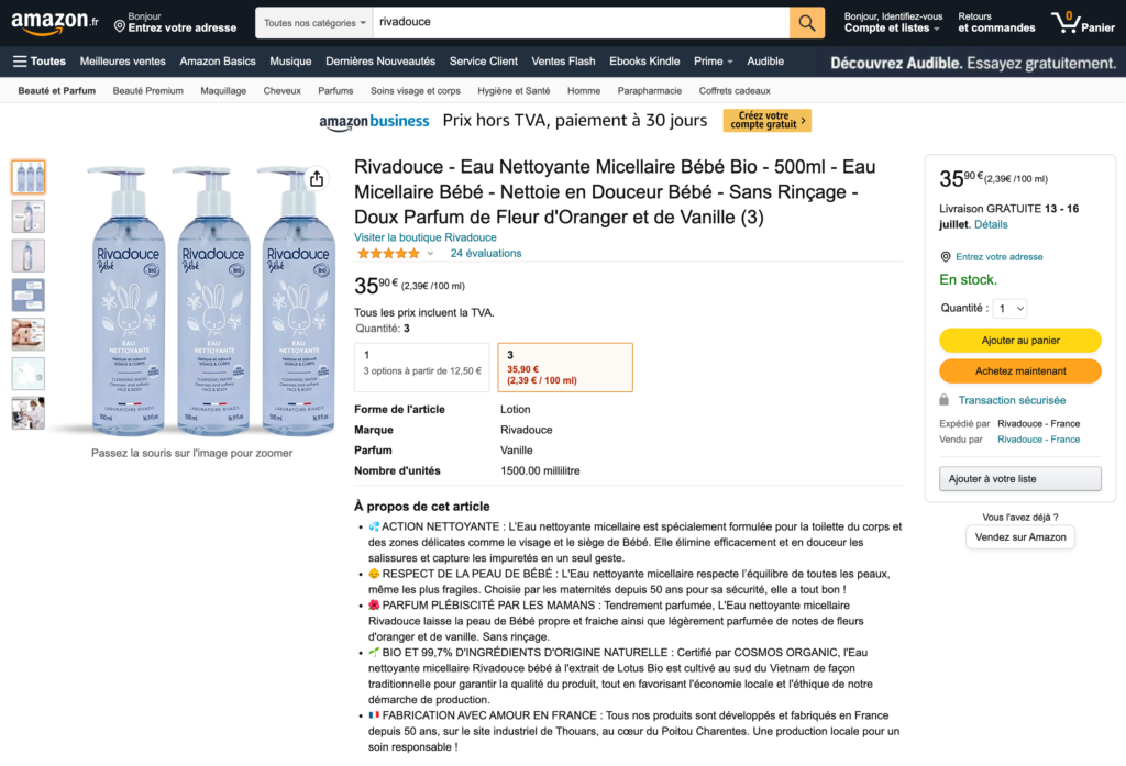 créer une fiche produit amazon parfaite - exemple de bullet points avec la marque Rivadouce dont chaque bénéfice du produit est mis en MAJUSCULES