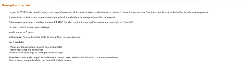 créer une fiche produit amazon parfaite - exemple de description longue avec Rostaing qui inclut des mots clés, les bénéfices produits et une présentation de la marque