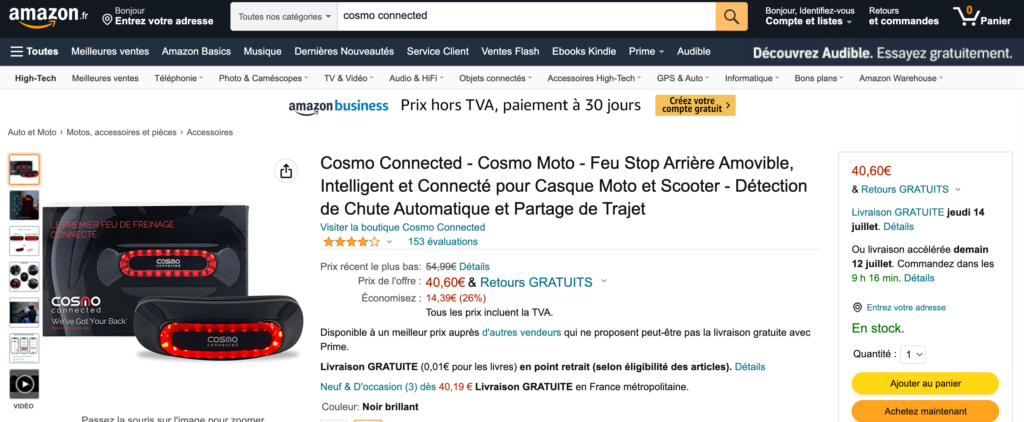 Creare un'inserzione perfetta di un prodotto su Amazon - esempio di titolo con il marchio Cosmo Connected che mostra il nome del marchio, il tipo e il nome del prodotto, i vantaggi per i clienti.