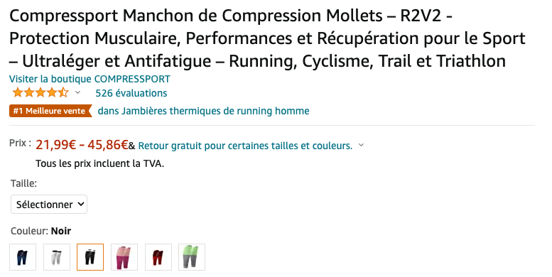 créer une fiche produit amazon parfaite - exemple de variation produit avec la marque Compressport qui propose différentes tailles et couleurs sur une seule fiche