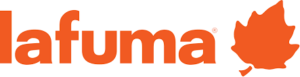 Le logo Lafuma, orange, affiche le nom de la marque à gauche et une feuille stylisée à droite, sur fond blanc.