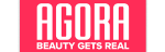 Le logo AGORA, en blanc, affiche le slogan « BEAUTY GETS REAL » sur fond rose vif.
