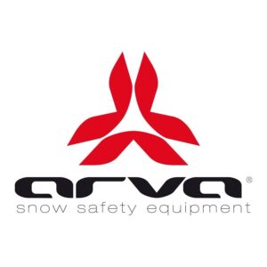 Un logo rouge stylisé, en forme de fleur à trois pétales, se présente sur fond blanc. Il est surmonté du nom "ARVA" et de la mention "snow safety equipment".