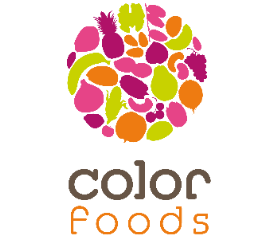 Un assemblage de fruits stylisés, colorés, forme une sphère. Il est disposé sur fond noir, sous le logo « color foods ».