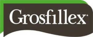 Un logo rectangulaire arrondi, affichant le nom « Grosfillex » en blanc sur fond brun foncé, est surmonté d'une bande verte.