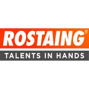 Le logo Rostaining, en orange et blanc, affiche le nom de la marque surmonté de la mention "Talents in Hands".
