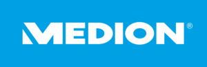 Le logo MEDION, en blanc, s'affiche sur fond bleu clair. Il est composé d'un M stylisé suivi du nom complet de la marque. ®