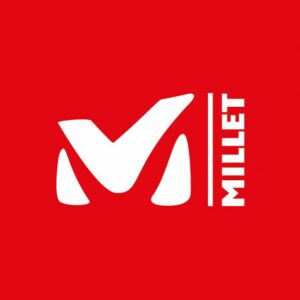 Logo blanc en forme de M stylisée, se détachant sur fond rouge. Le mot "MILLET" est inscrit verticalement à droite.
