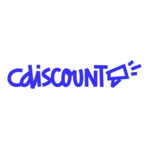 Le logo « CDISCOUNT® » bleu, stylisé comme un graffiti, est présenté sur fond blanc.