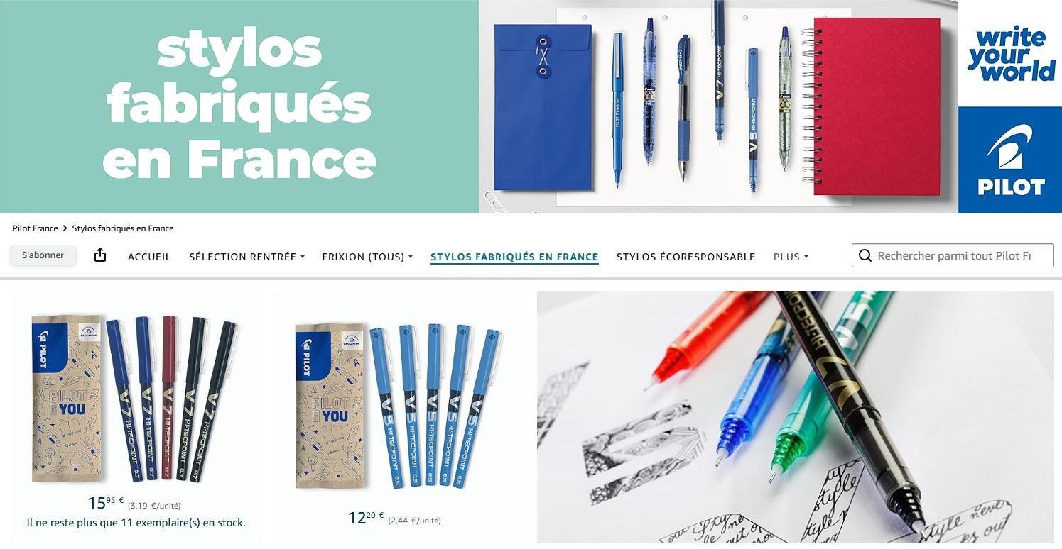 Page « Stylos fabriqués en France » de la boutique Pilot sur Amazon