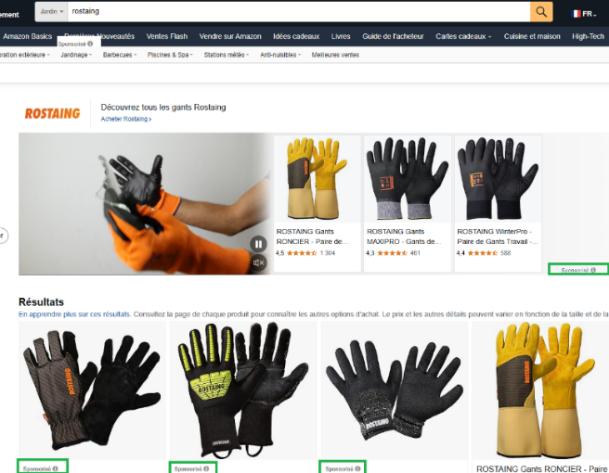Bannière vidéo Rostaing en tête des résultats de recherche Amazon