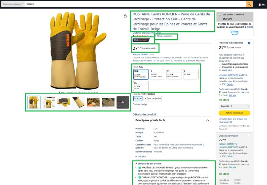 Fiche produit Amazon des gants Rostaing Roncier, produit phare de la marque