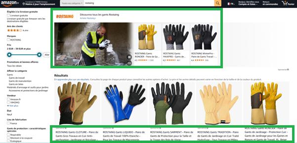 Campagne Sponsored Brands Rostaing dans les résultats de recherche Amazon